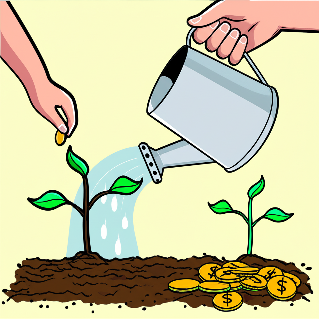 一人將小種子種入肥沃土壤,用金幣澆灌,看著它長成錢樹,象徵長期資源配置與未來財富增長