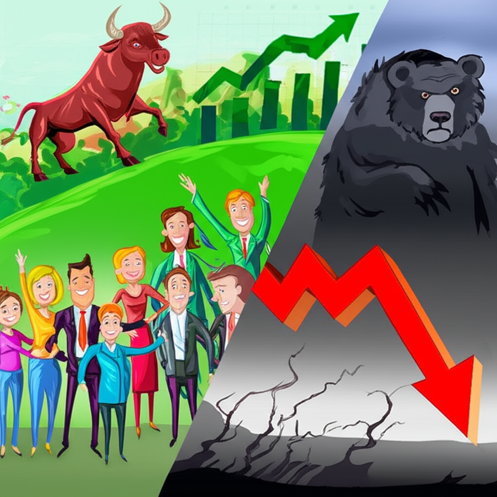 多頭市場與空頭市場對比插圖,漲跌情緒差異
