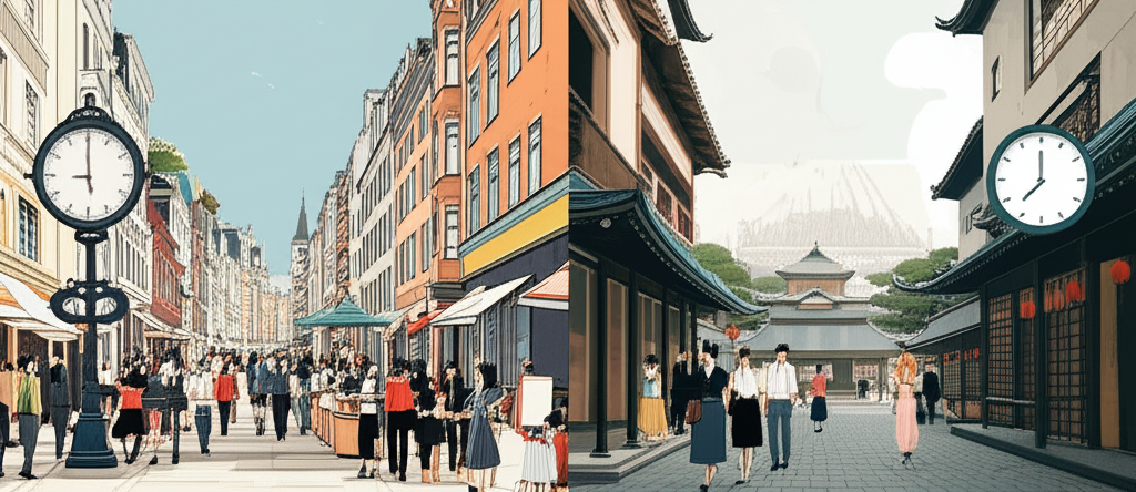 分屏顯示歐洲城市上午9點繁忙街道和亞洲城市下午3或4點寧靜街道的時鐘