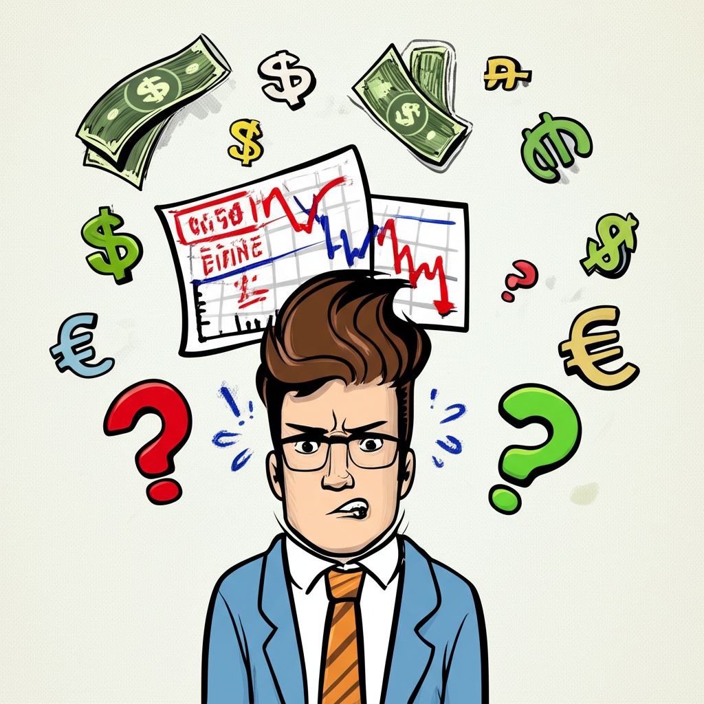 困惑投資者觀察股票圖表中除息日股價驟降的情景，周圍環繞問號和金錢符號，象徵對股利與股價變動的疑惑
