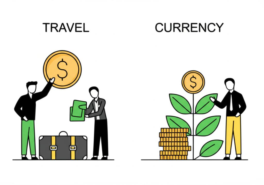 比較旅遊換匯與外幣投資財富成長的插圖,一人提行李箱換錢,一人看著生長植物與錢幣
