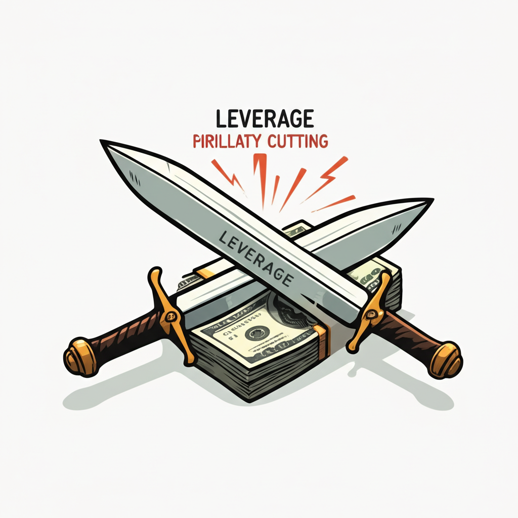 槓桿如雙面刃切割金錢堆的插圖，一邊放大盈利一邊放大虧損的外匯交易情境
