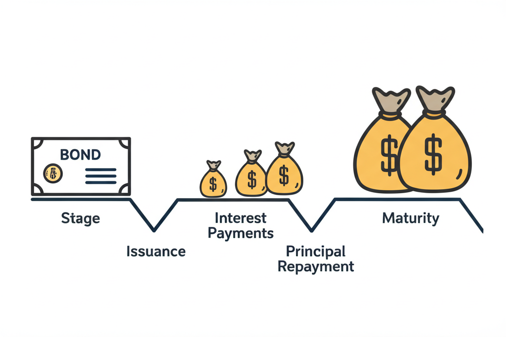 債券從發行到到期日的時間線圖示，包含利息支付與市場波動影響