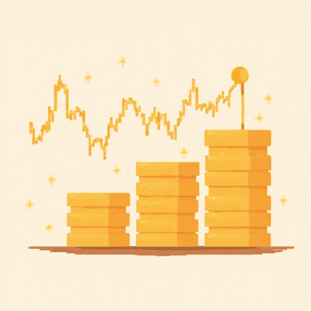 像素藝術風格的金條堆疊,背景融入微妙市場圖表線條,營造現代遊戲般的視覺效果