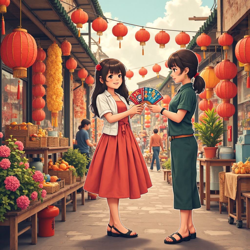 李多慧與台灣粉絲在熱鬧市場互動的像素藝術插圖