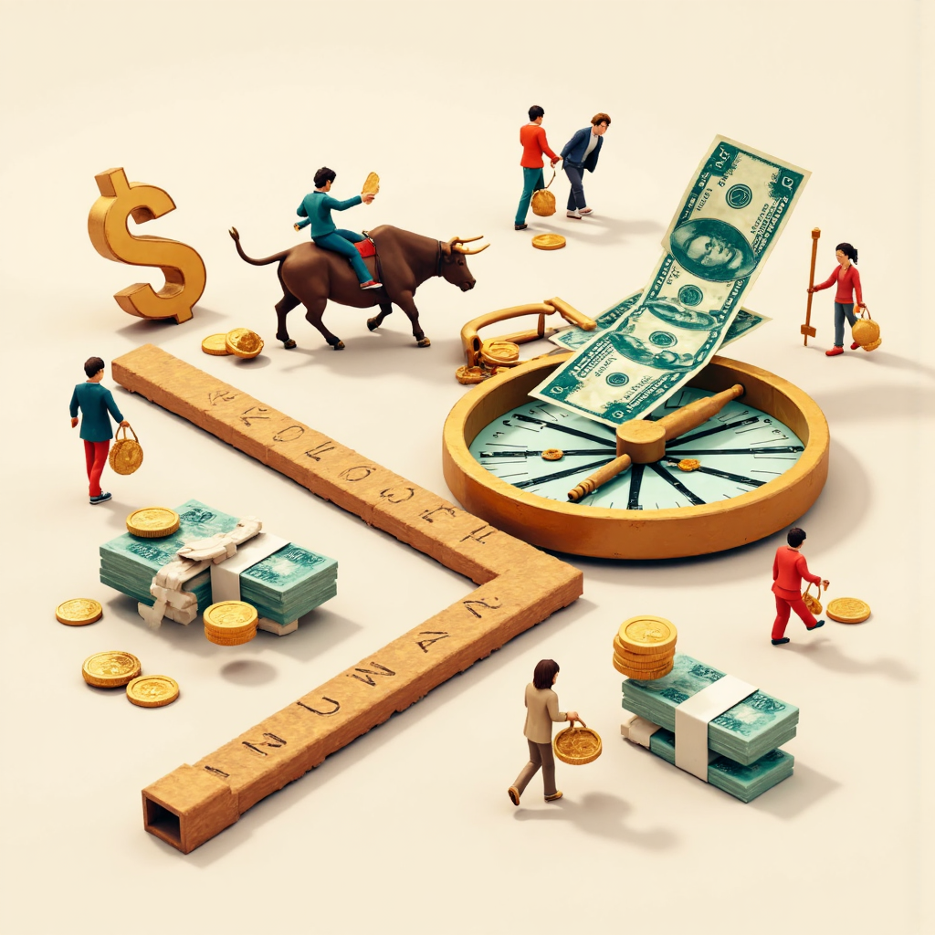 黃金指南針指向全球經濟事件，如牛市衝刺與貨幣下跌符號，柔和粉彩像素藝術