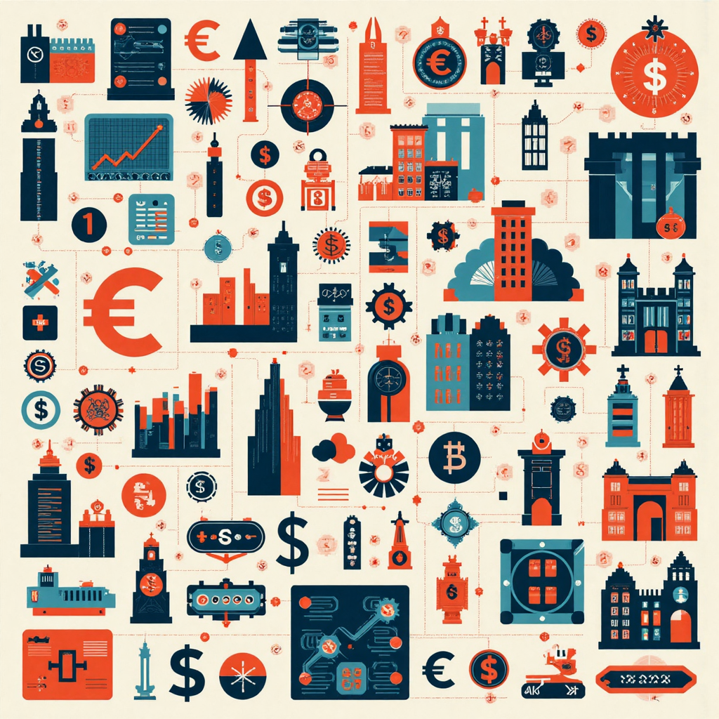 像素藝術風格,世界各國貨幣符號交織成互聯圖案,疊加細膩經濟圖表與現代色調圖形