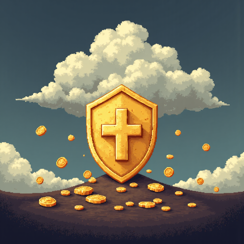 像素藝術風格的象徵圖像,金色盾牌守護免受經濟風暴雲朵與財務不確定性的侵襲