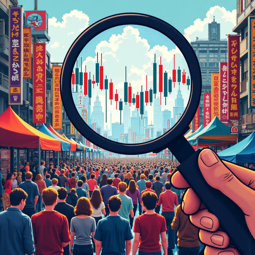 像素藝術風格的放大鏡檢視股票圖表，成交量柱狀如市場人群熱鬧交易，生動色彩表現高活躍度