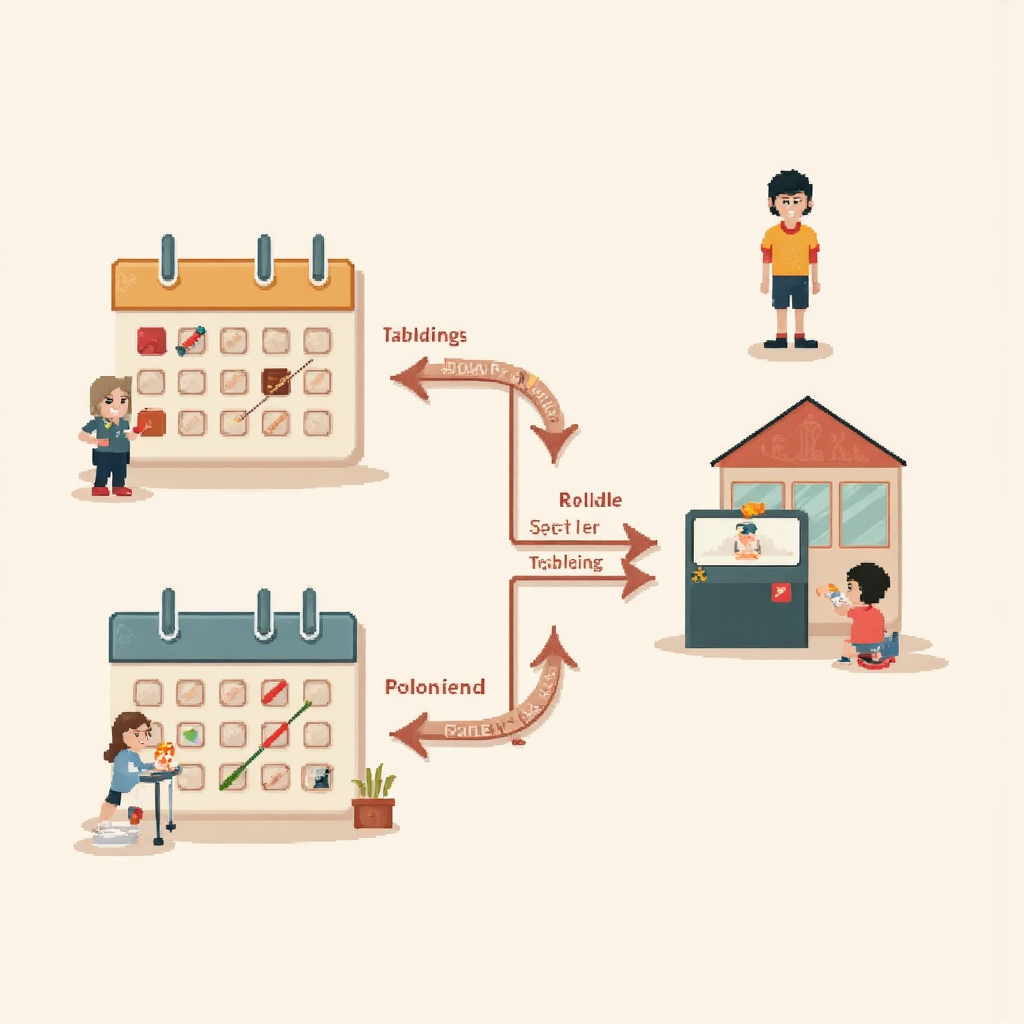 T+2 交易系統的像素藝術圖示,顯示日曆與資金流向,從交易日到結算日的箭頭,柔和色調與可愛角色