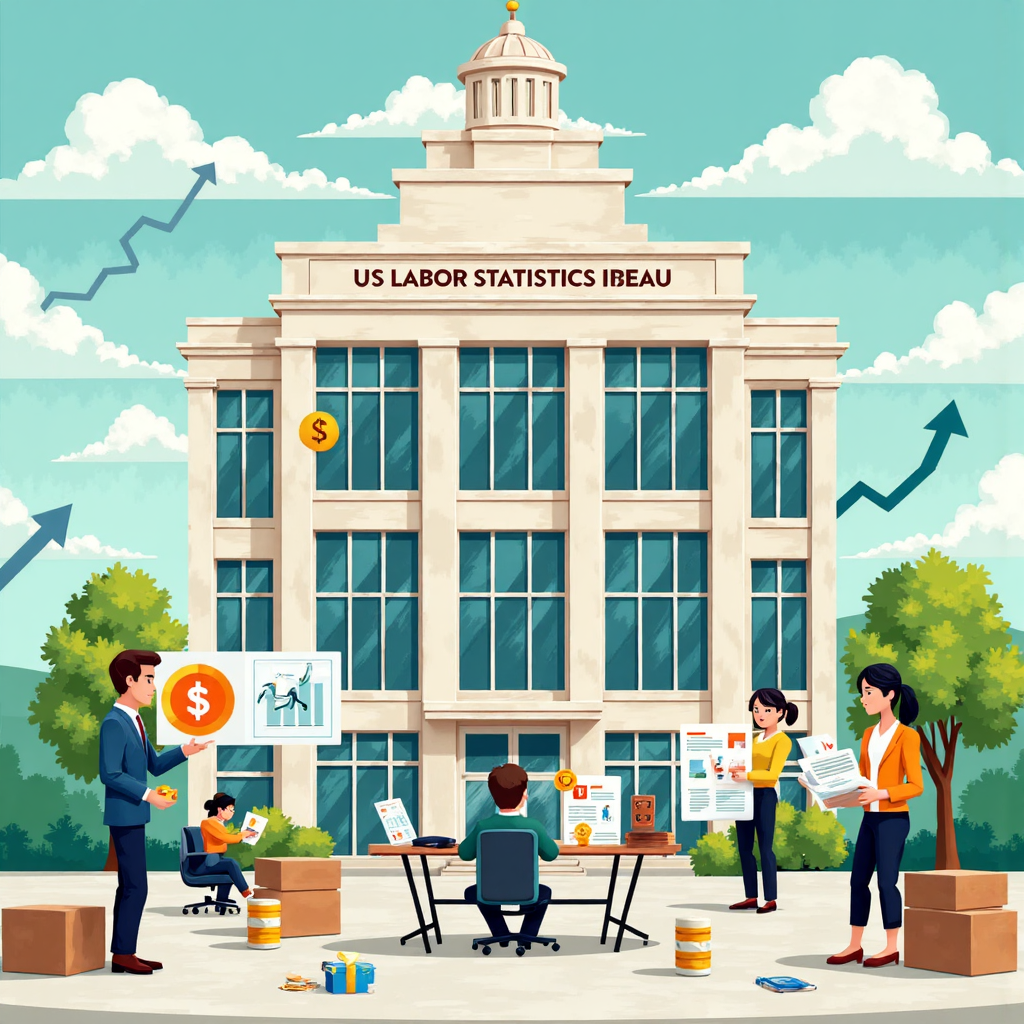 美國勞工統計局建築與忙碌工作者審視就業數據圖表,周圍環繞經濟向上箭頭與美元符號
