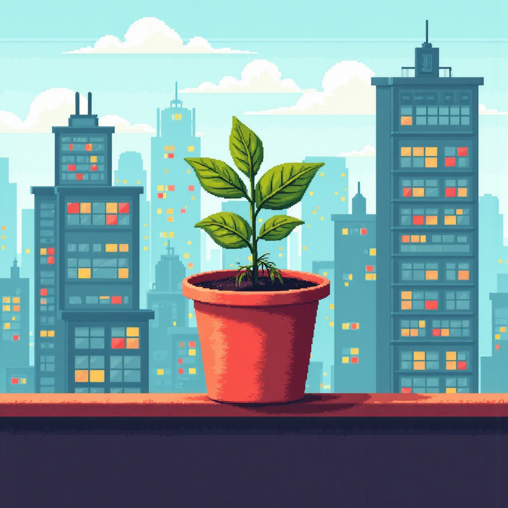 生動的股市圖像,伴隨著象徵成長與創新的茁壯植物