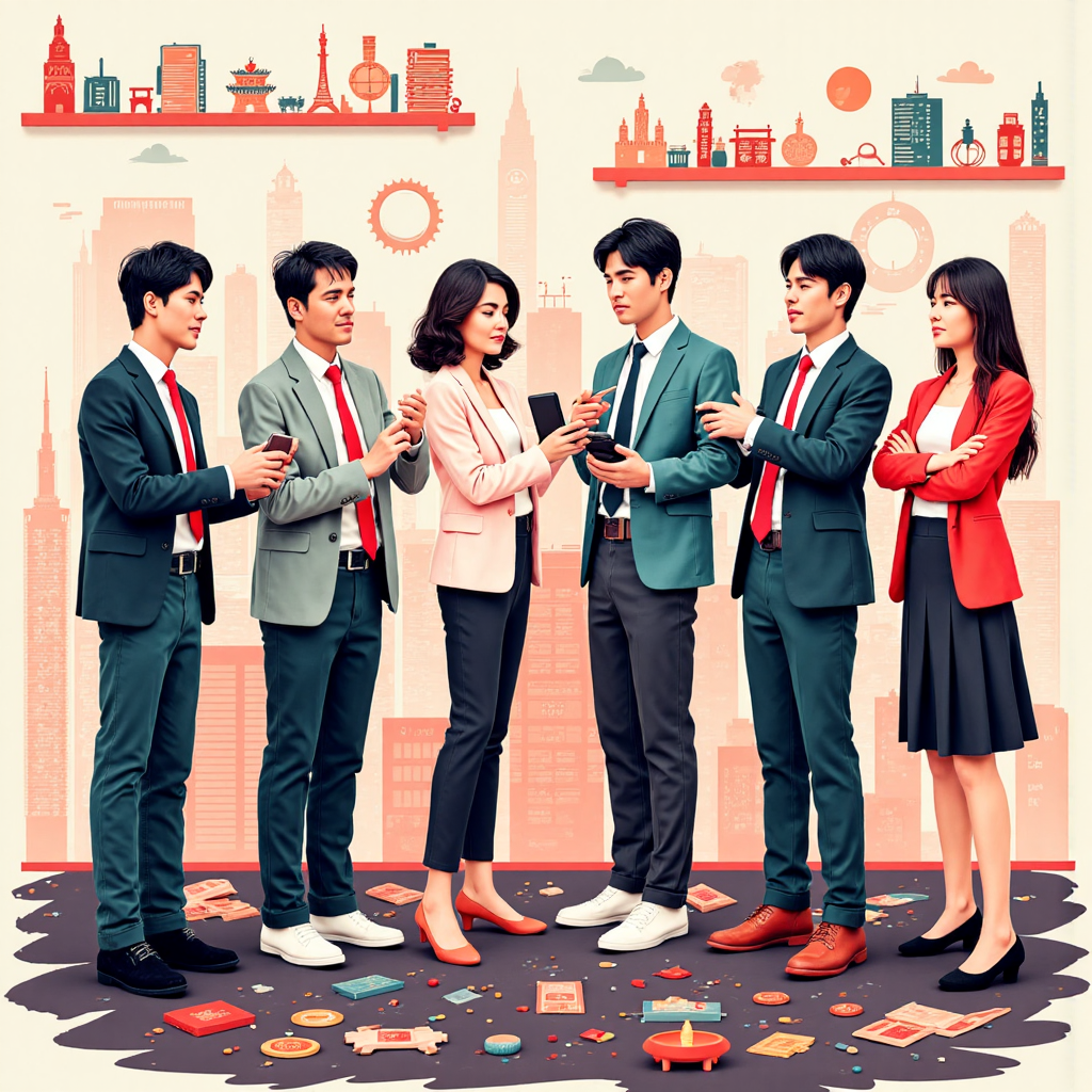 中國年輕企業家獲國際投資像素藝術插圖,包含台灣投資者,背景強調科技進步與全球連結