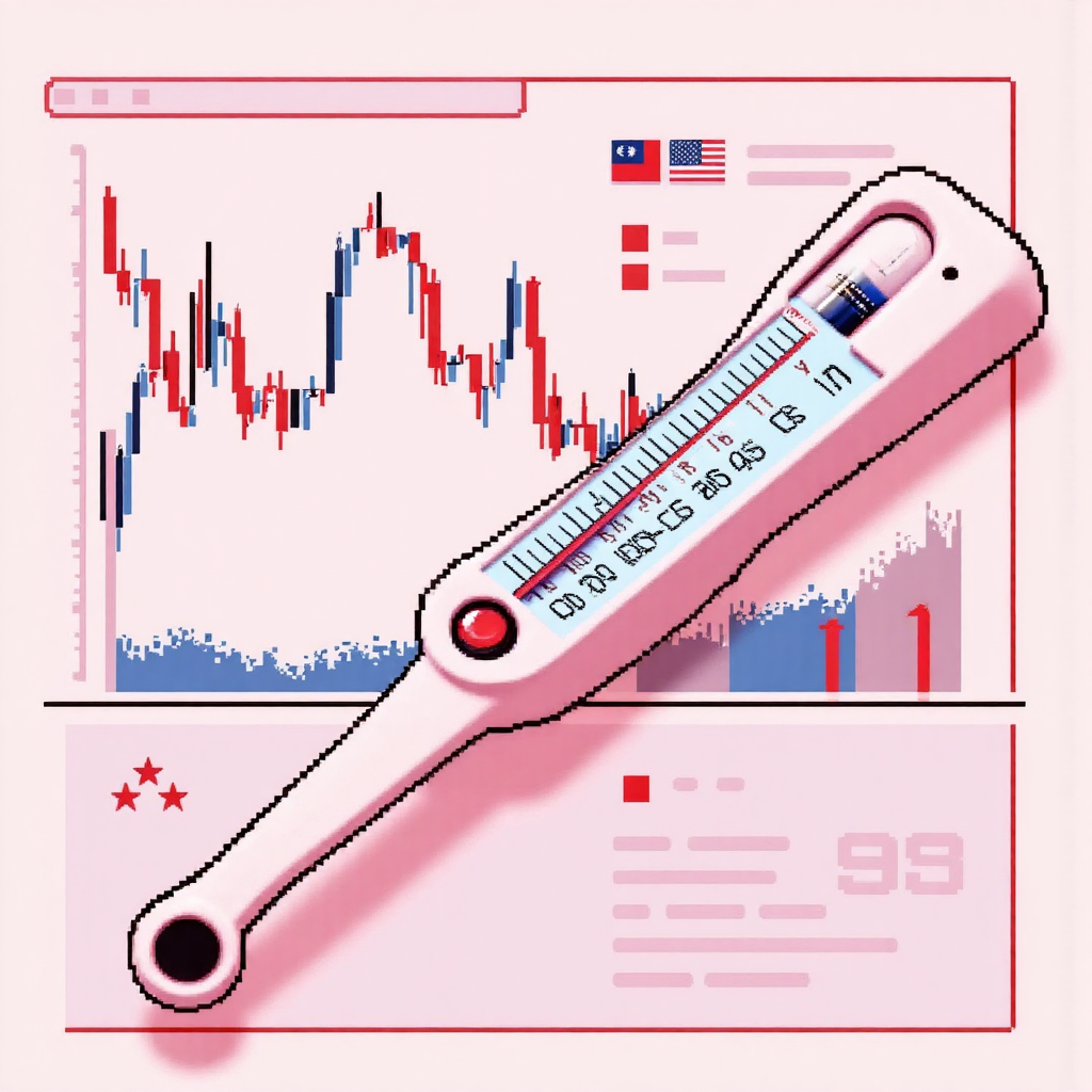 數位溫度計懸浮在經濟圖表上的像素藝術插圖,融入美國與台灣國旗元素,營造平靜分析氛圍