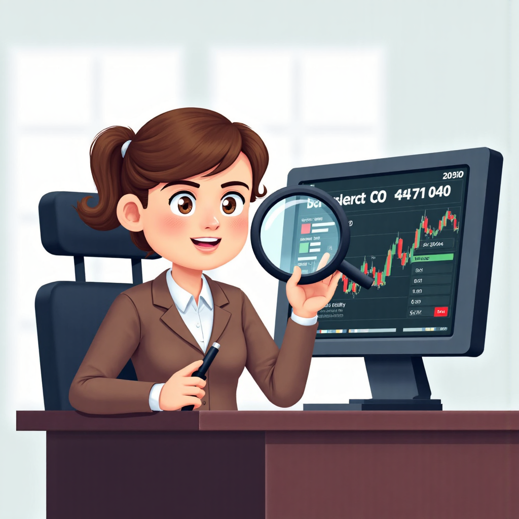 友善的股票經紀人角色手持放大鏡,檢查電腦上的交易細節,提供安心與清晰的氛圍,明亮邀請的畫面