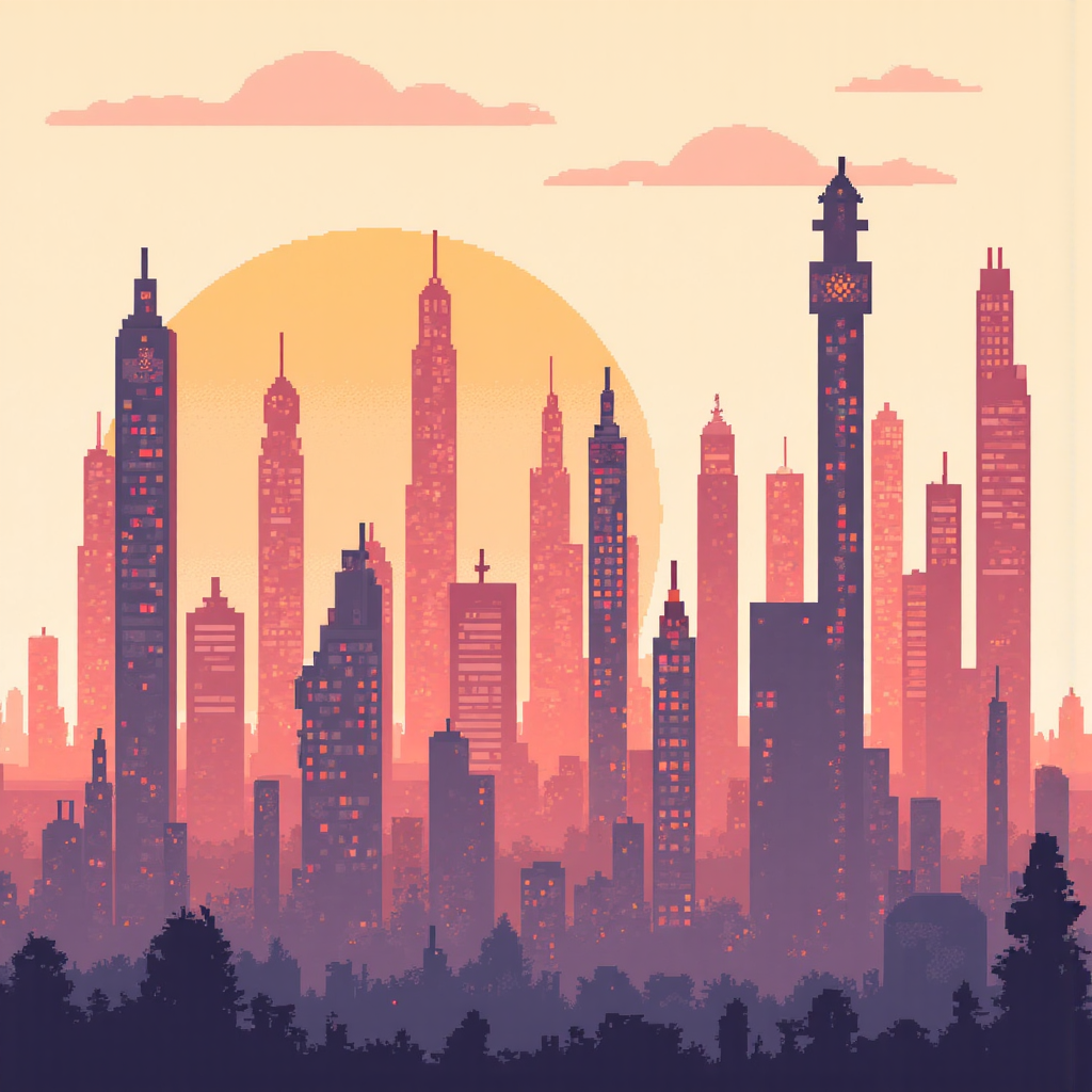 像素藝術風格的K線圖案形成城市景觀，背景上升太陽象徵市場樂觀，使用柔和色調