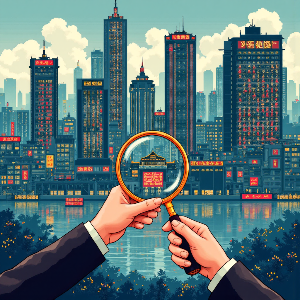 北京證券交易所像素藝術插圖,展示繁忙交易廳與台灣投資者透過放大鏡檢視創新與成長的中國元素