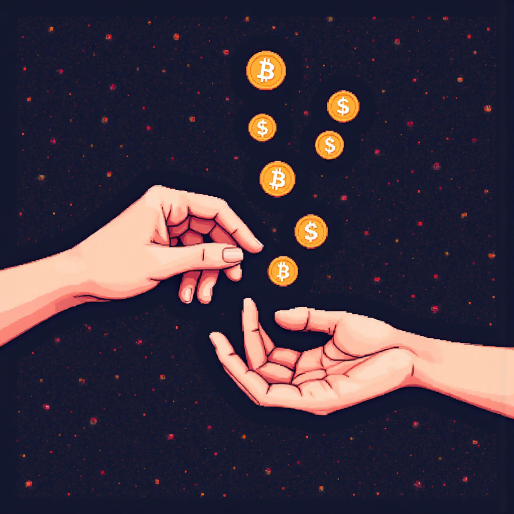 兩手交換貨幣符號與數位代幣，背景為抽象網路節點，代表 Swap 交易