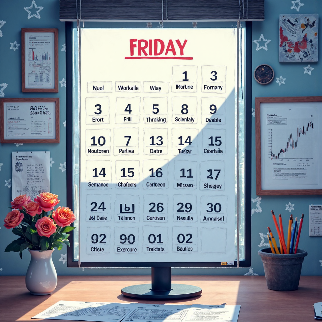 標記每月第一個星期五的經濟日曆,周圍散布數據圖表,象徵全球金融市場的重要公告