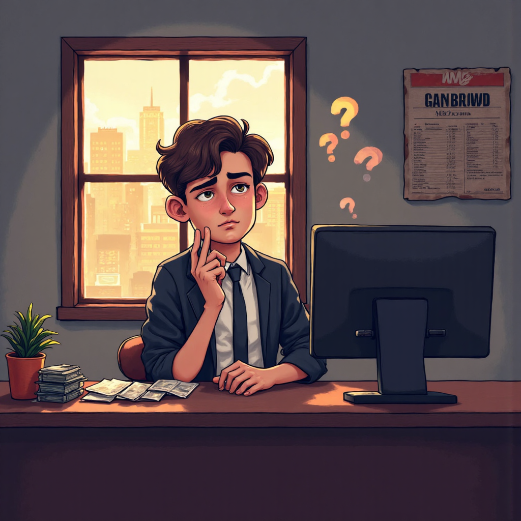 困惑的股票交易員盯著空空的銀行帳戶,周圍飄著問號,帶點焦慮氛圍