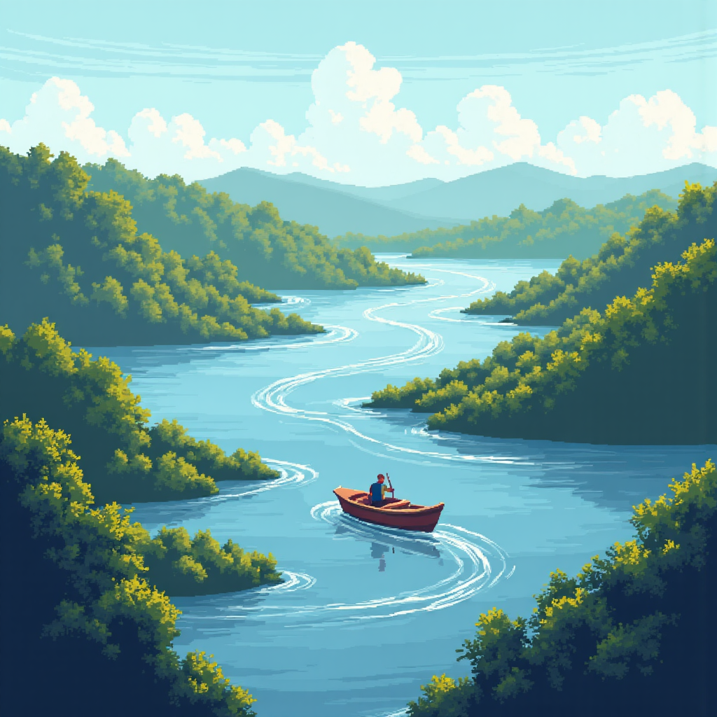 像素藝術風格的移動平均線如平滑河流，引導投資者小船駛向獲利島嶼，柔和漸層與寧靜氛圍